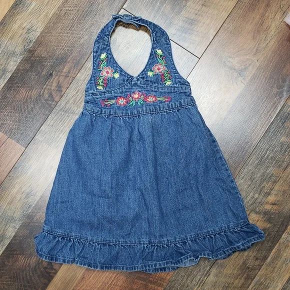 Old Navy | Dresses | Old Navy Blue Denim Halter Dress With Floral  Embroidery Size 824 Months | Poshmark